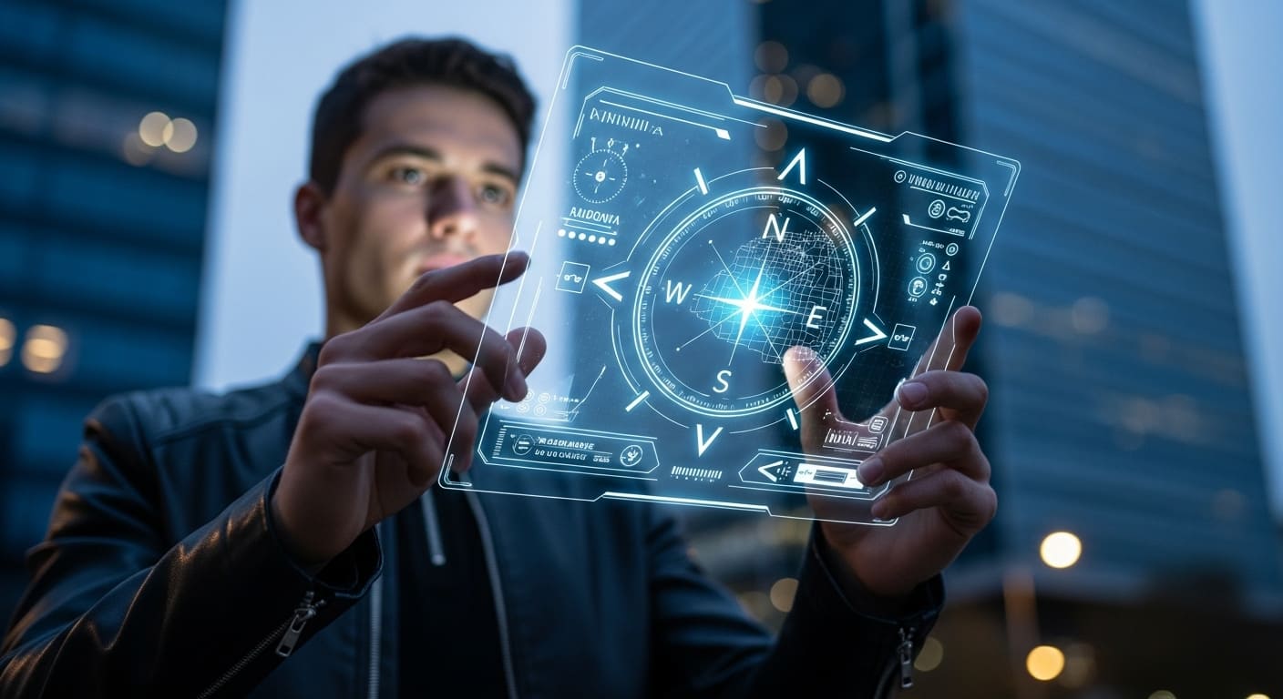 Business professional using a futuristic digital compass, symbolizing guidance in navigating AI challenges and integration complexity.