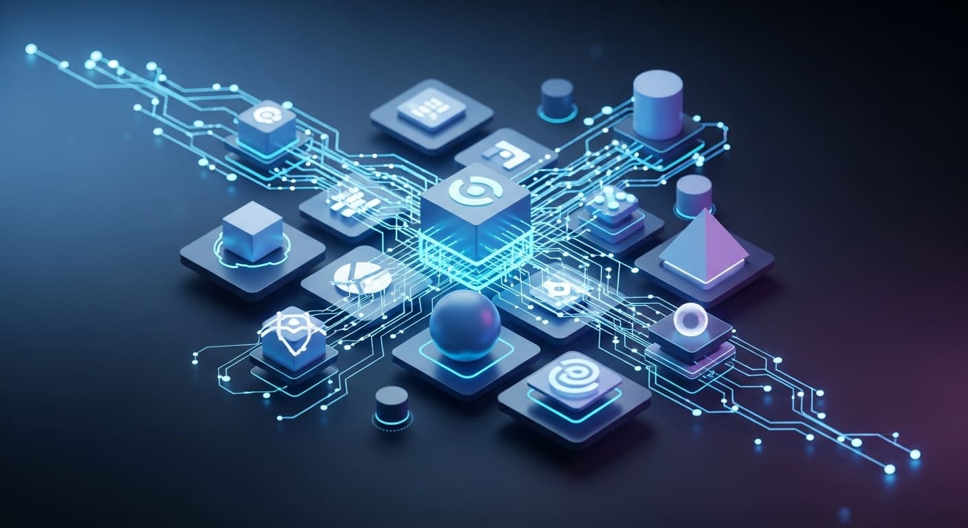 Digital cubes connected by glowing circuits, representing AI integration and the four phases of the AI Growth Journey