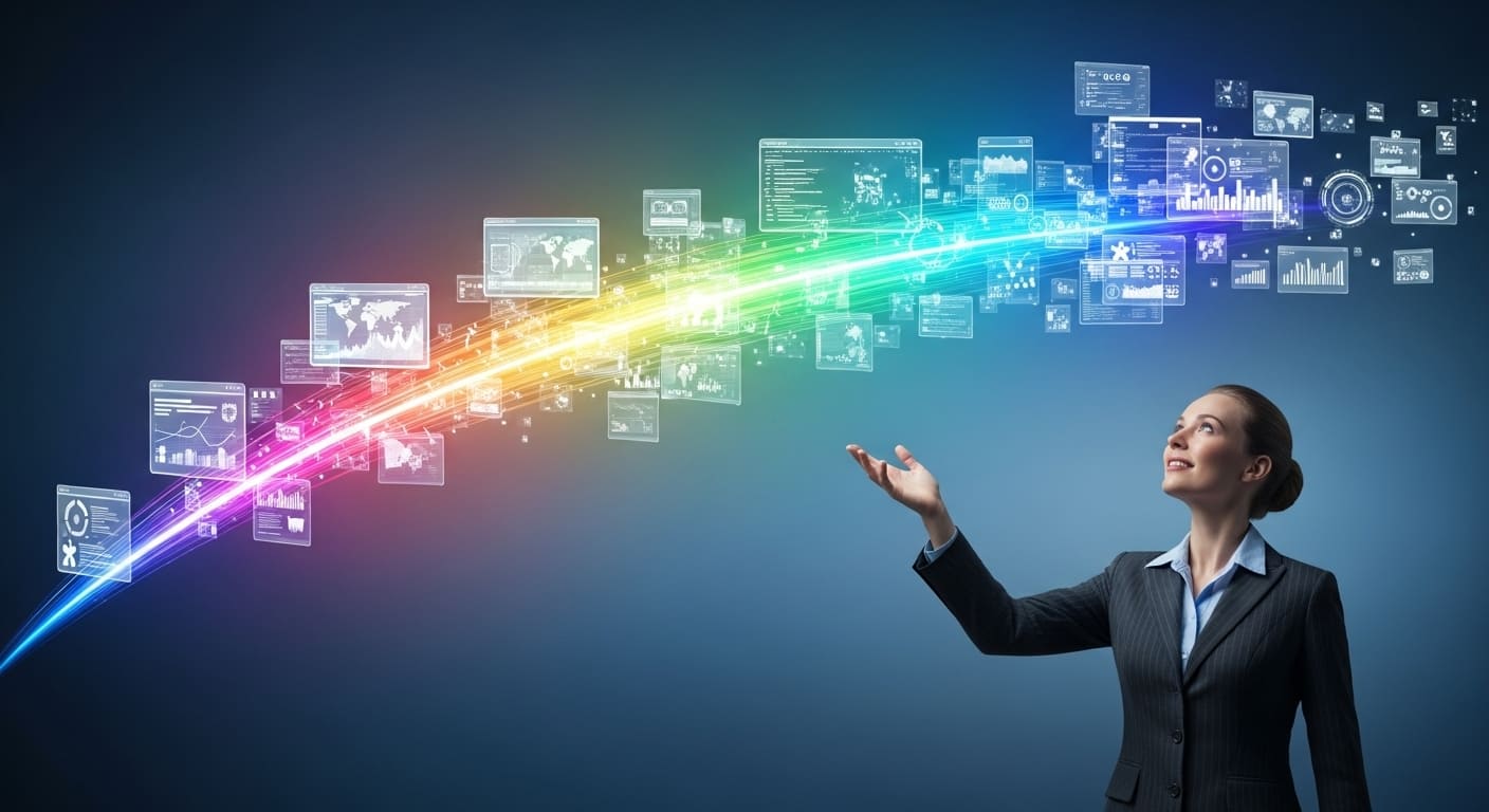 Business leader with a stream of digital dashboards, symbolizing continuous AI evolution and reinvention as routine
