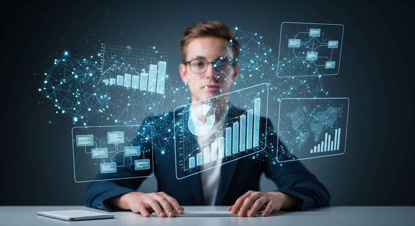 Business professional analyzing data visualizations and AI-driven insights, symbolizing the strategic value of data in AI transformation.