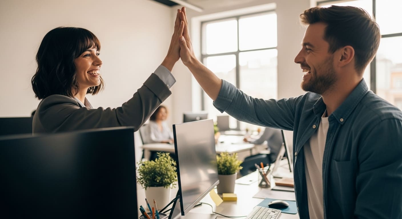 Two coworkers celebrating success with a high five in a modern office representing team collaboration and productivity improvement