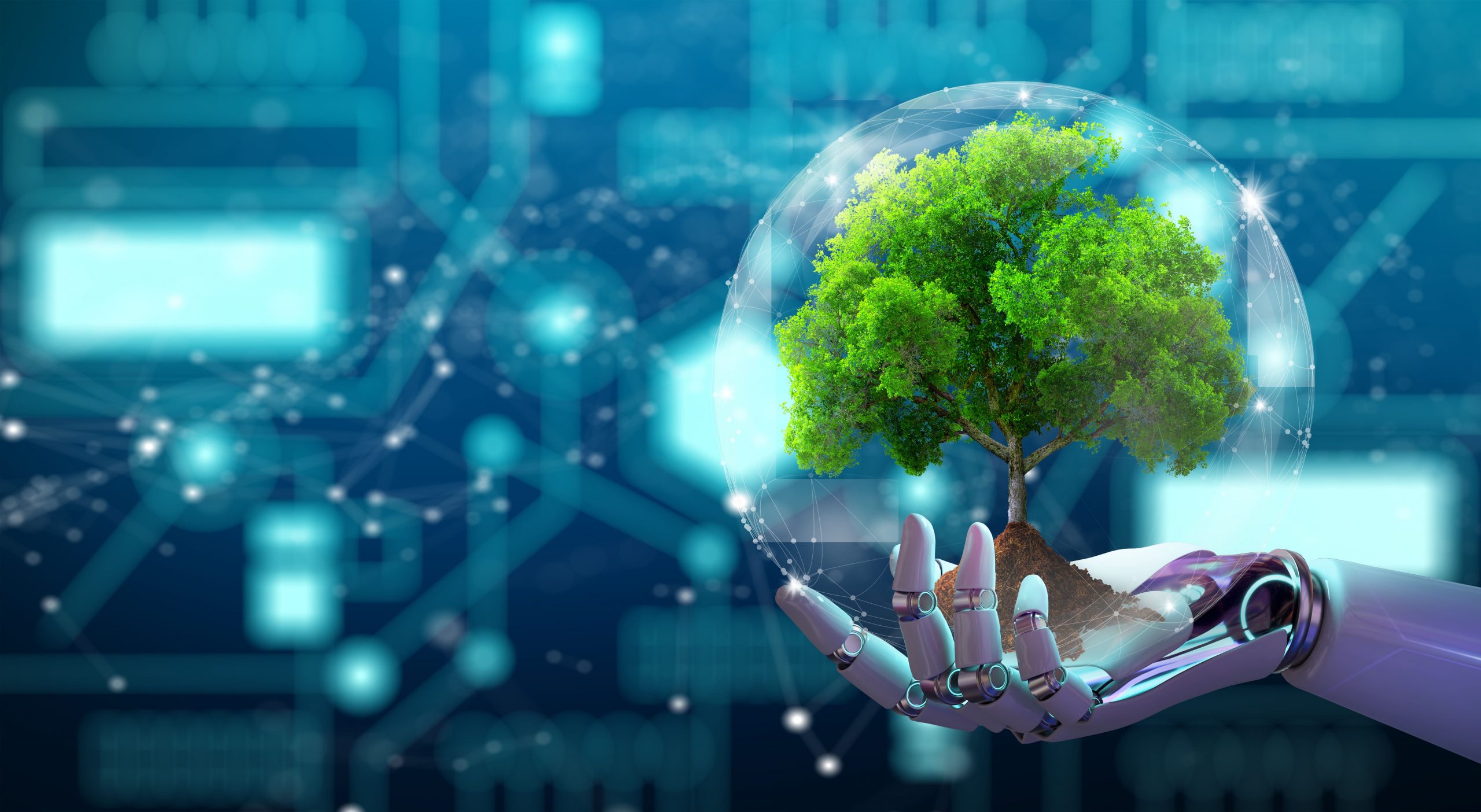 “Robotic hand holding a tree inside a digital sphere, symbolizing the power of data in AI transformation”