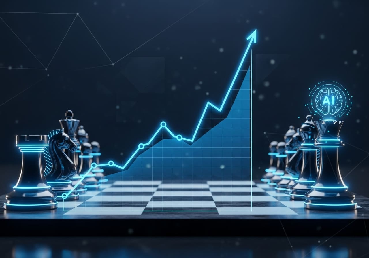 Digital chessboard with glowing blue AI icons and rising data graphs, symbolizing strategic decision-making and business growth powered by artificial intelligence.