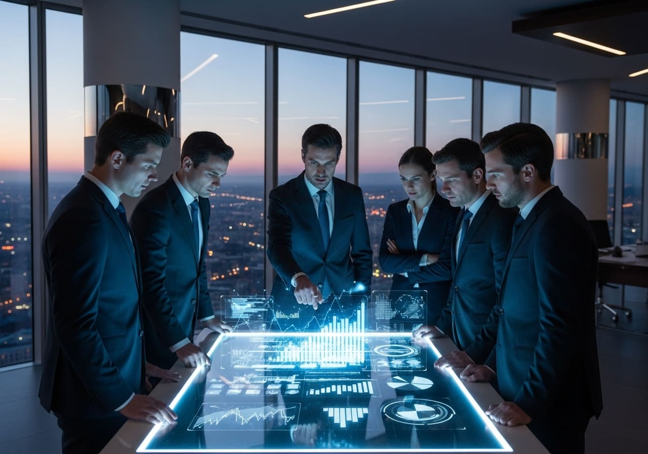 Group of business leaders in suits gathered around a digital table displaying futuristic data charts and analytics, symbolizing the challenges leaders face in navigating AI transformation.