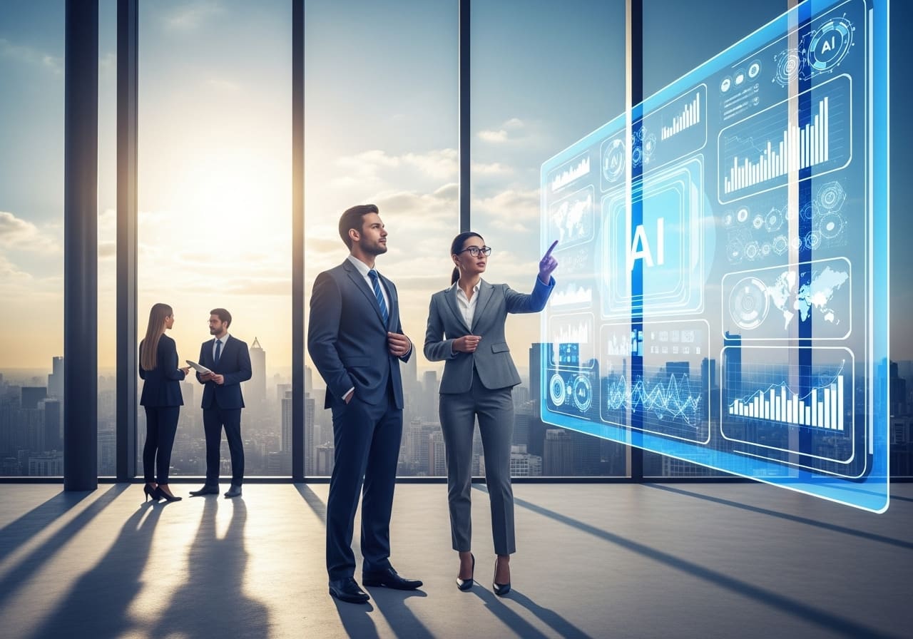 Professional business leaders in a modern high-rise office reviewing holographic AI dashboards and data visuals, symbolizing leadership in guiding AI-driven transformation.