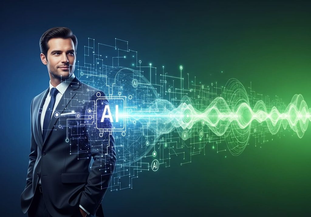 Smiling business executive in a navy suit standing against a modern digital backdrop that blends AI network visuals with data charts, symbolizing artificial intelligence transforming business strategy into measurable results.