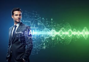 Smiling business executive in a navy suit standing against a modern digital backdrop that blends AI network visuals with data charts, symbolizing artificial intelligence transforming business strategy into measurable results.