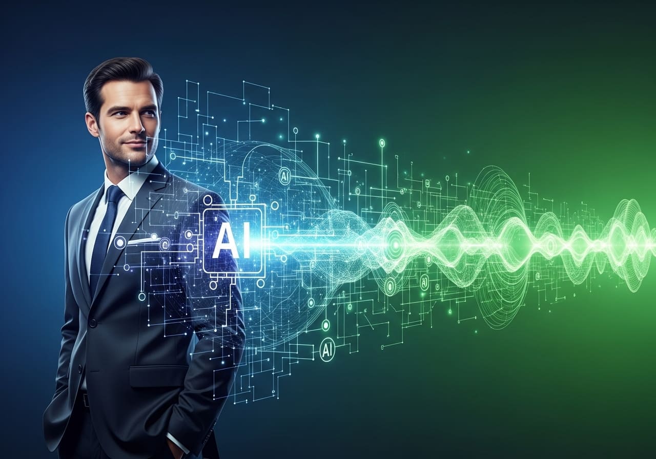 Smiling business executive in a navy suit standing against a modern digital backdrop that blends AI network visuals with data charts, symbolizing artificial intelligence transforming business strategy into measurable results.