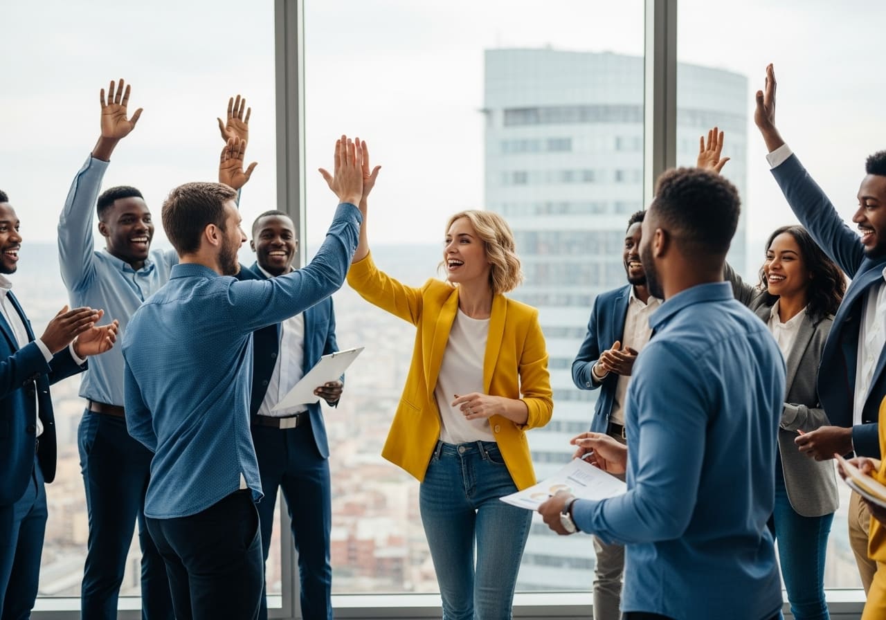 Diverse team of business professionals celebrating a successful project in a modern office, symbolizing the measurable wins and positive outcomes achieved through AI transformation.