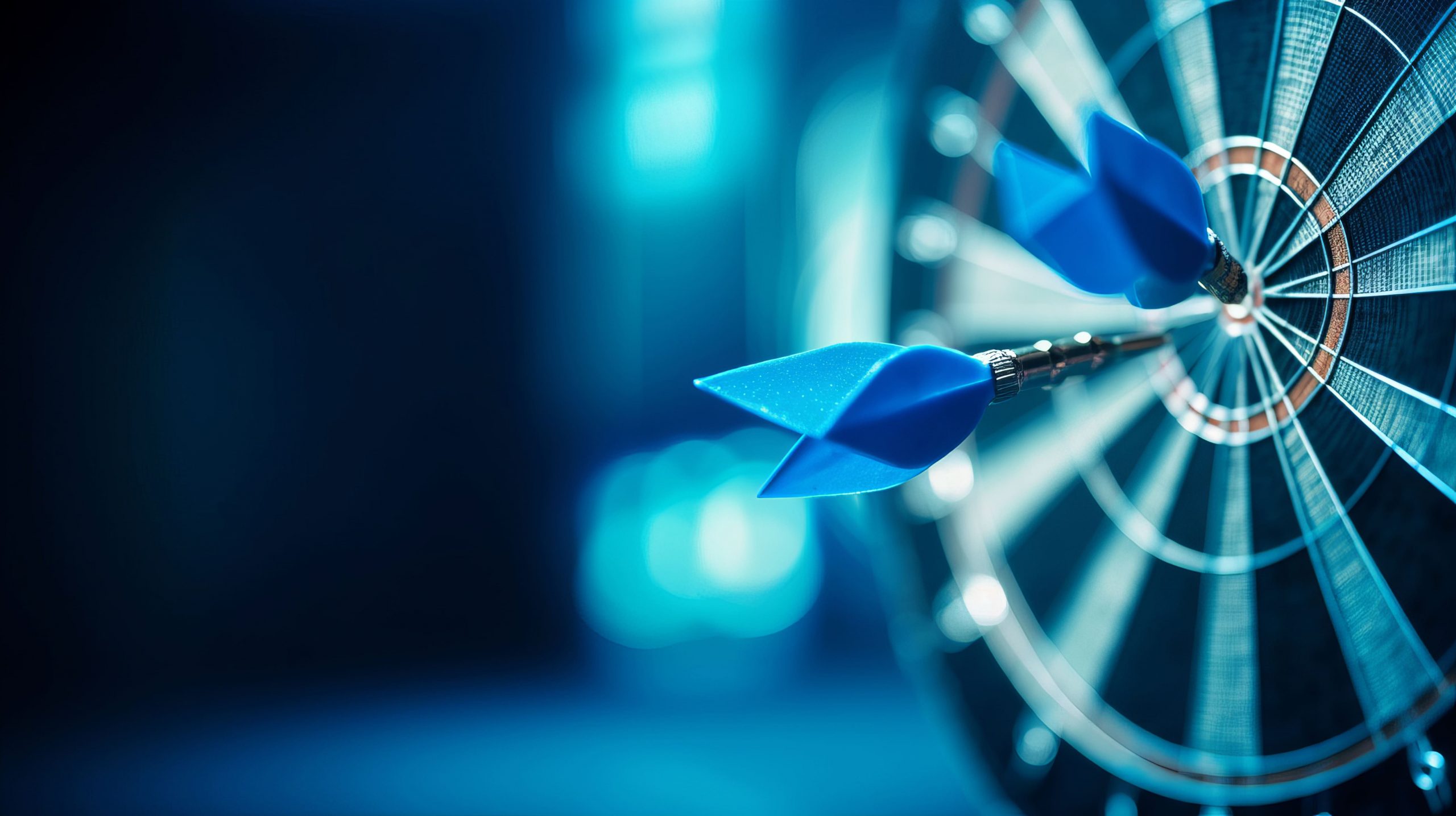 Close-up of a blue dart hitting the bullseye on a dartboard, symbolizing precision, focus, and the strategic accuracy of AI transformation in business.