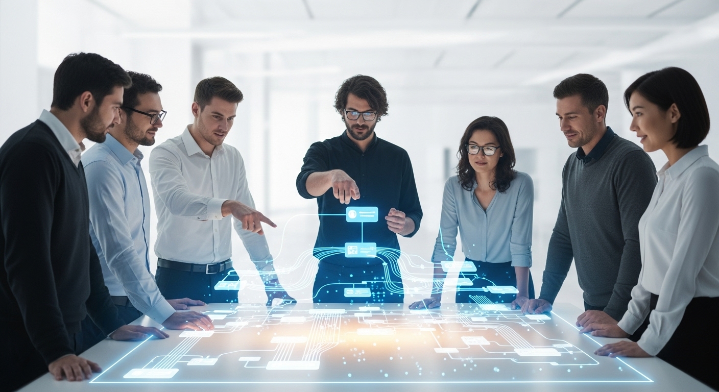 Business team collaborating over a digital interface with data flow diagrams, illustrating real-world applications of integrated systems and analytics.