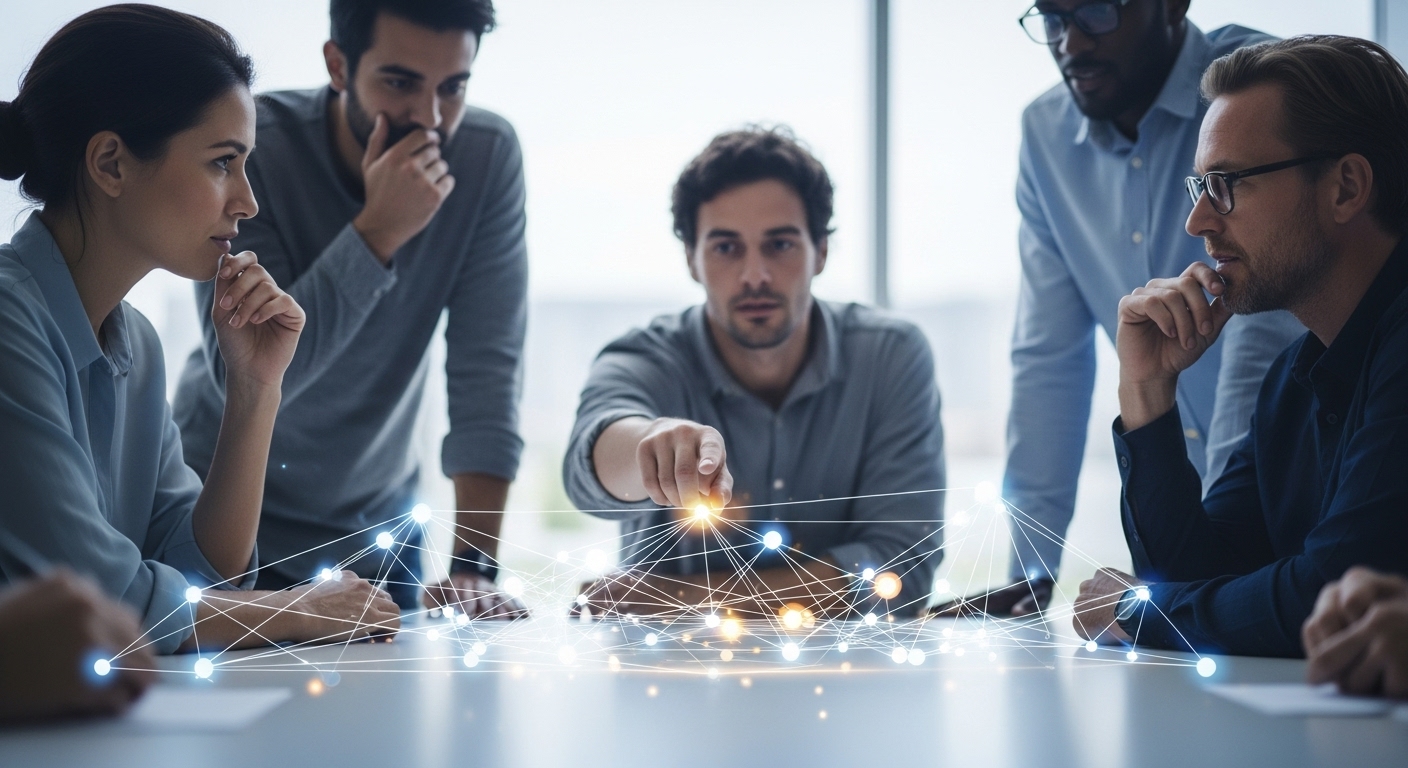 Team of professionals collaborating around a digital network visualization, representing the human connection and teamwork behind effective data integration.