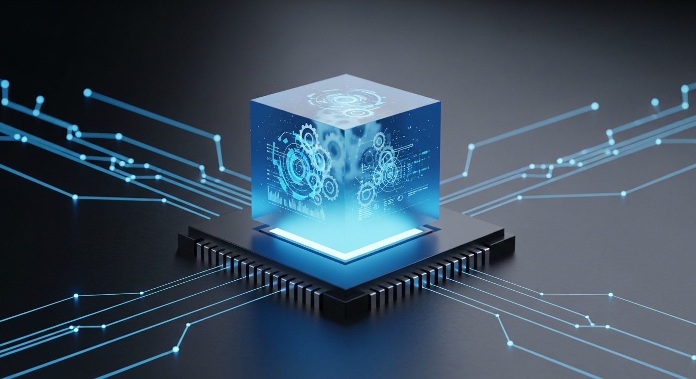 3D holographic cube representing data integration and digital transformation, symbolizing how unified data systems power intelligent business growth and analytics.