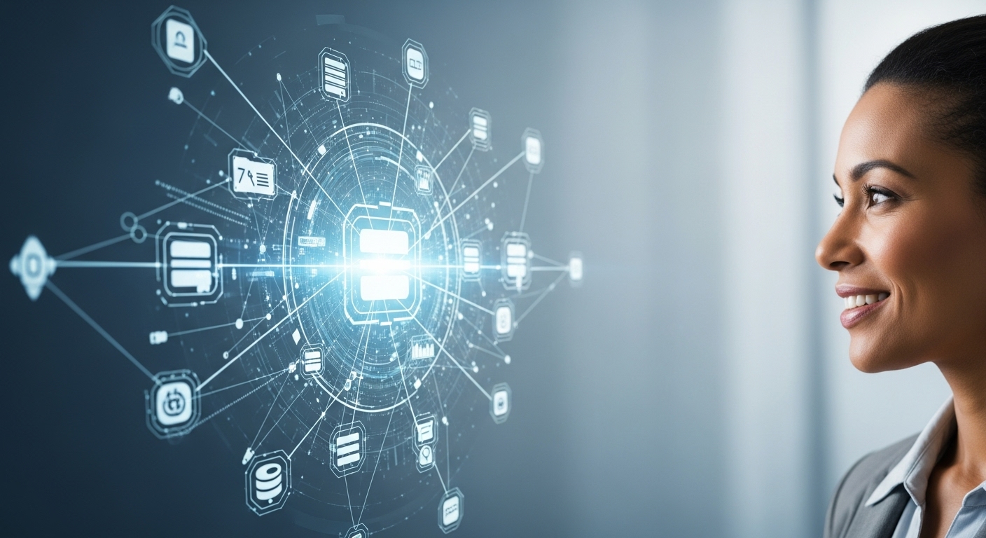 Business professional analyzing a digital network of connected data icons representing a modern data integration platform for intelligent business operations.