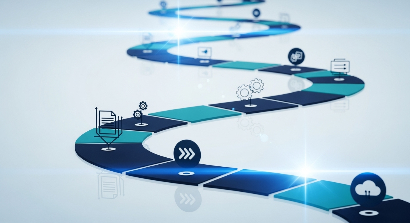 Abstract roadmap with digital icons representing data integration, workflow automation, and change management for successful technology implementation.