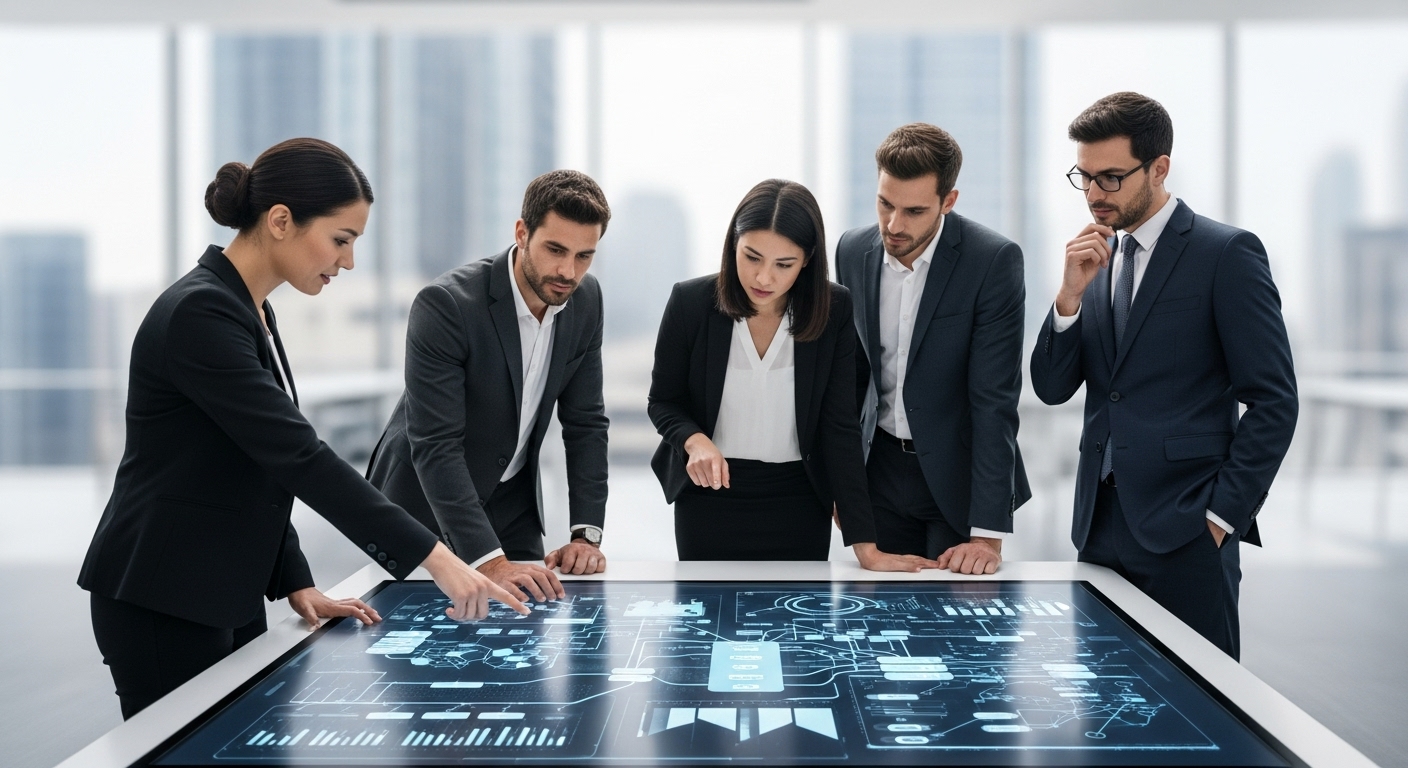 Business leaders collaborating around a digital strategy table with data analytics visuals, symbolizing data integration as a competitive and strategic business edge.