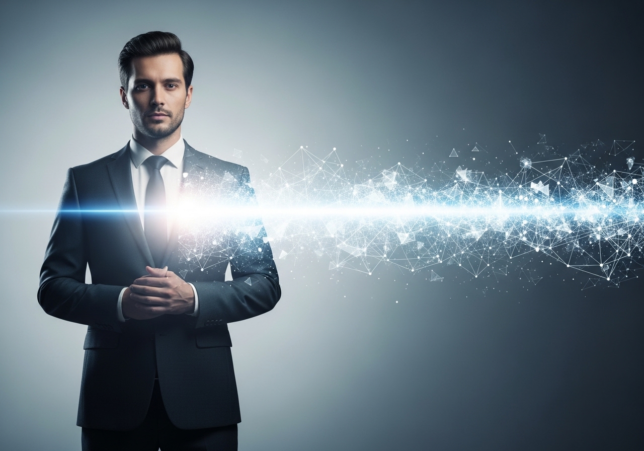Confident business leader standing beside a digital data stream symbolizing AI-driven intelligence, data integration, and innovation in modern enterprises.