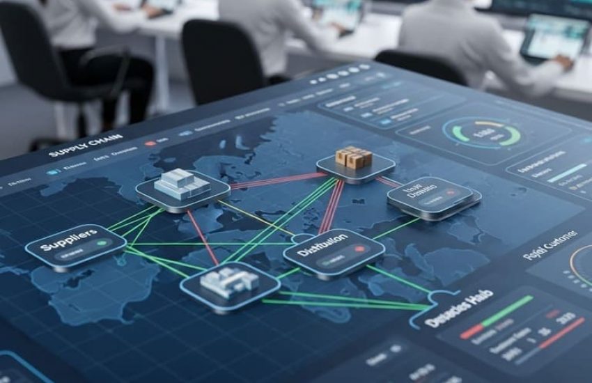 Supply chain dashboard showing real-time logistics data, with team members monitoring operations on connected devices.