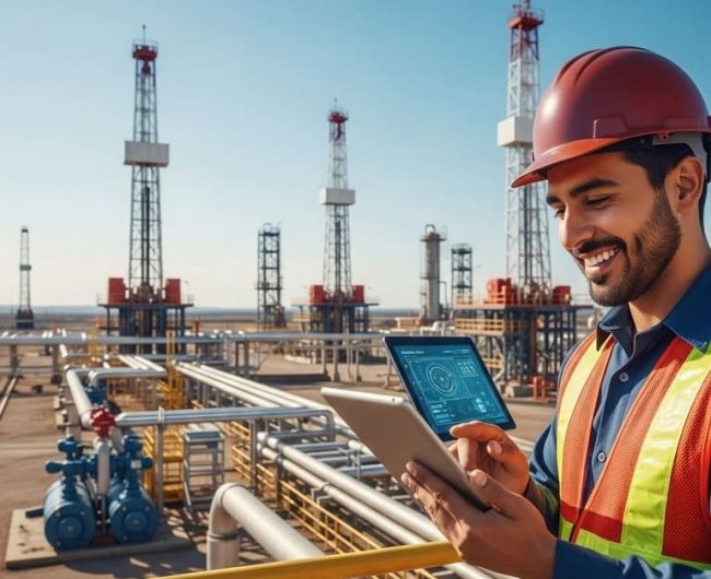 Oil and gas field technician using a digital tablet to monitor data at a refinery site with multiple pipelines and drilling rigs.