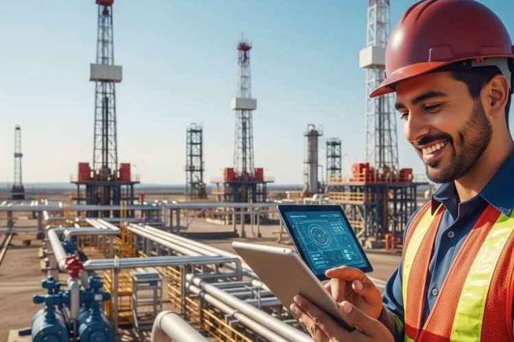 Oil and gas field technician using a digital tablet to monitor data at a refinery site with multiple pipelines and drilling rigs.