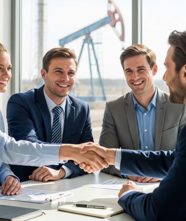 Business professionals shaking hands in front of an oil pumpjack, symbolizing trusted partnerships in oil and gas technology.