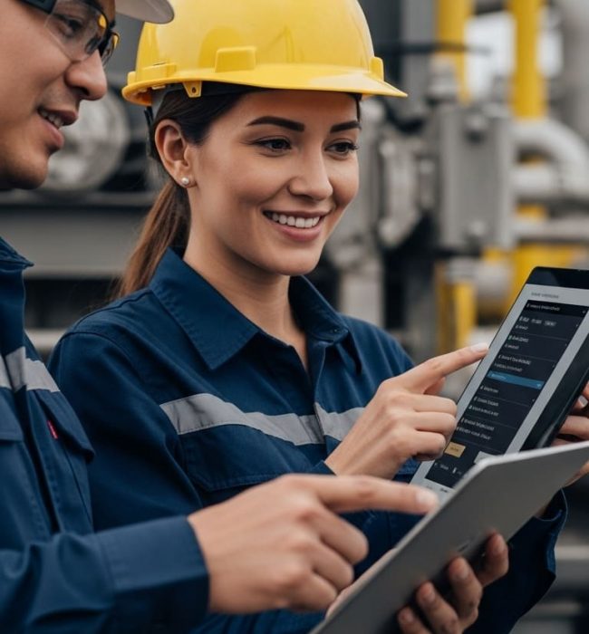 Oil and gas field team reviewing inventory data on a tablet at a fracking site.