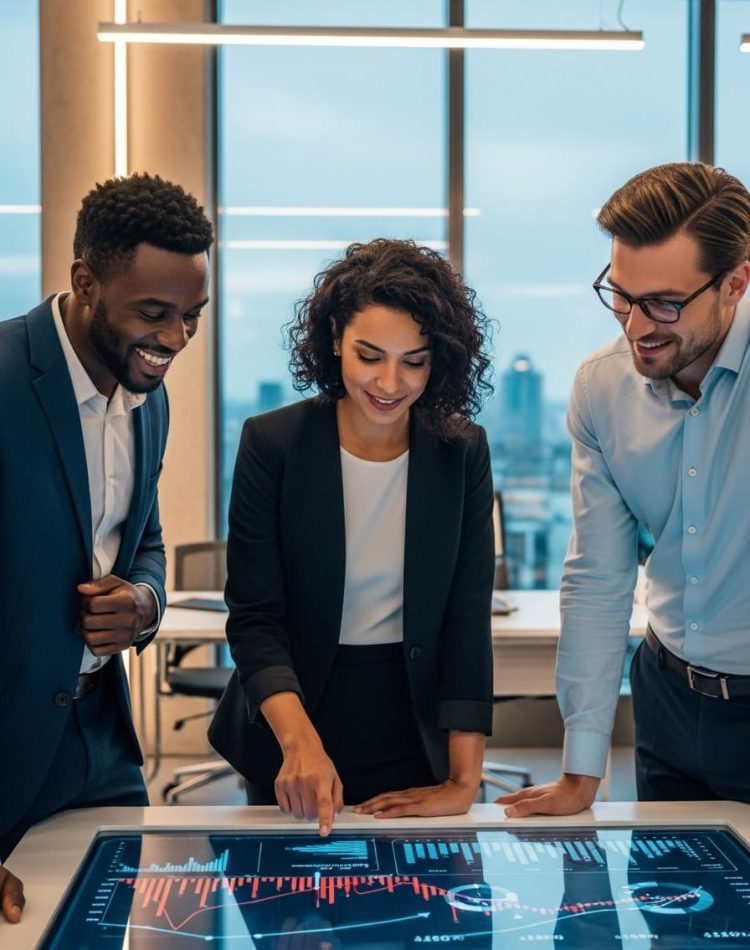 Diverse business team collaborating on a data strategy session in a modern office setting