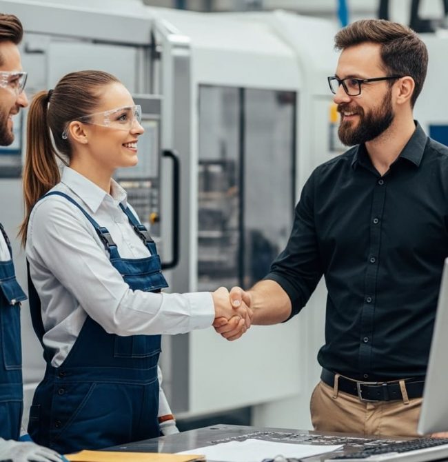 Manufacturing engineer shaking hands with a technology consultant on a factory floor, symbolizing successful partnership.