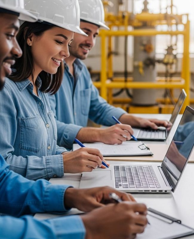 Oil and gas field team using laptops to document operations and report data from the job site.