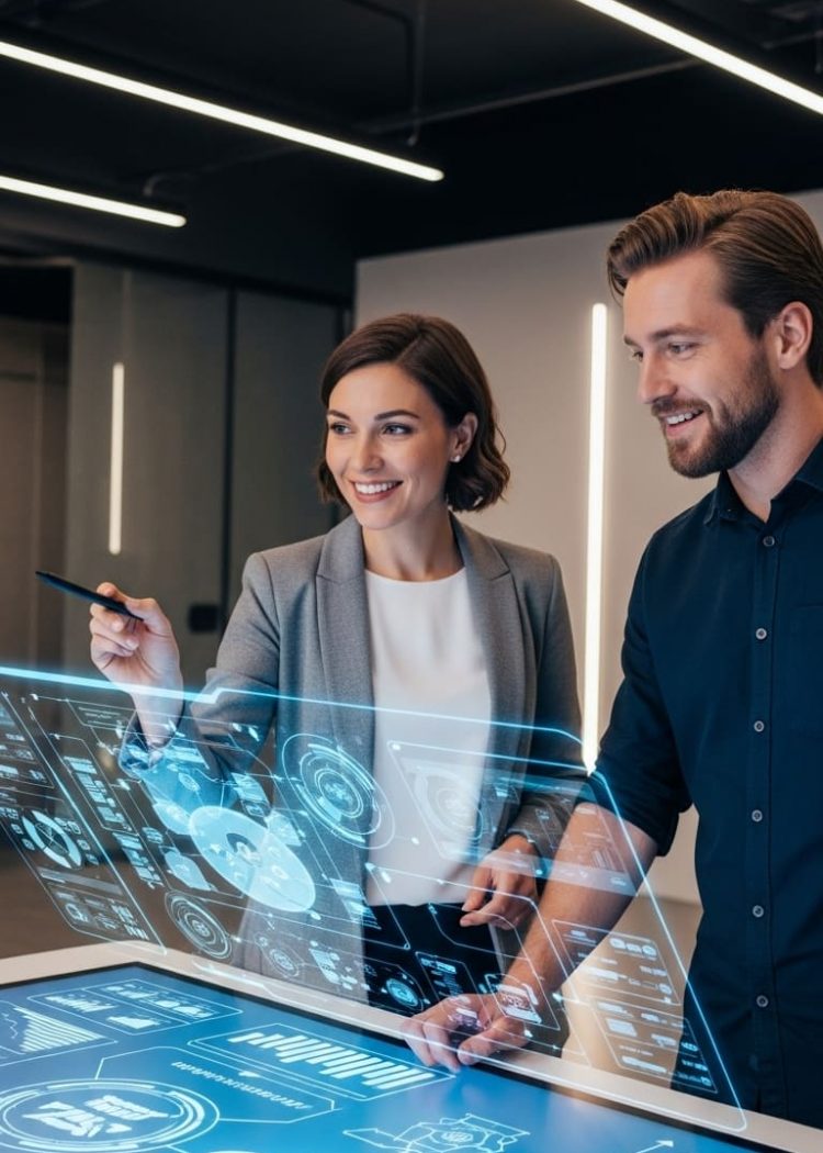 "Business professionals collaborating on a digital screen, symbolizing strategic cloud migration, ROI planning, and IT transformation