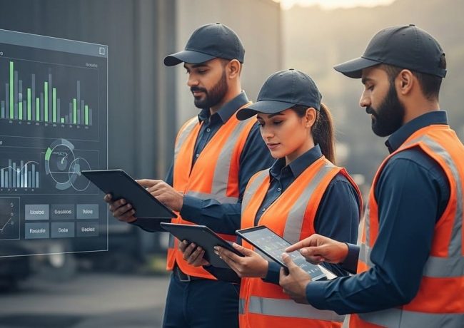 “Three industrial workers in safety vests reviewing data dashboards on a digital screen in a smart factory environment”