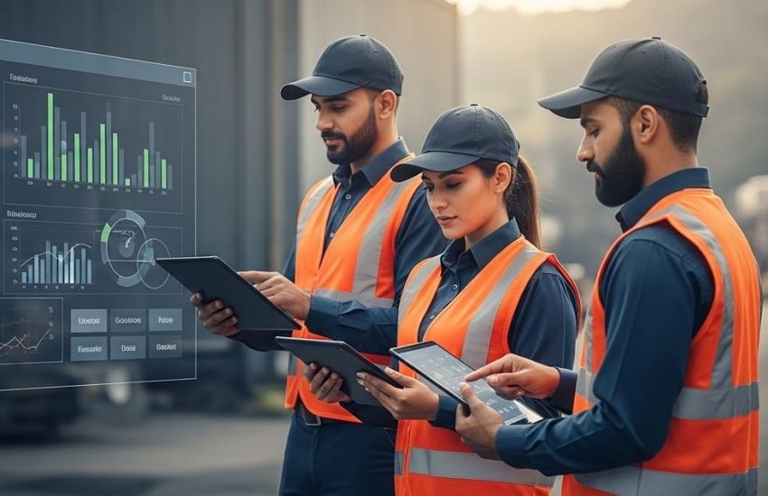 “Three industrial workers in safety vests reviewing data dashboards on a digital screen in a smart factory environment”