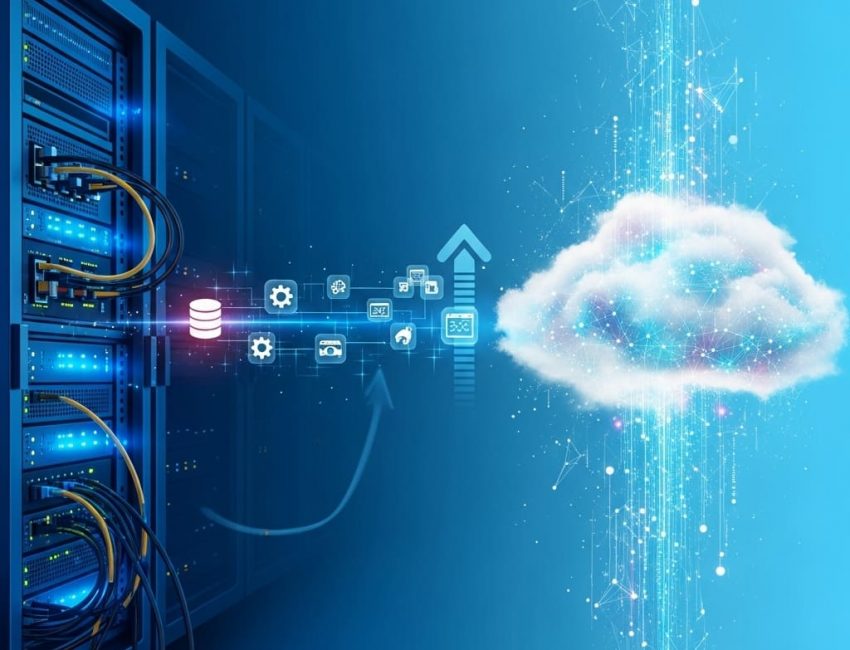 Cloud computing graphic with servers and digital connections, symbolizing cloud migration, cost savings, and flexible infrastructure