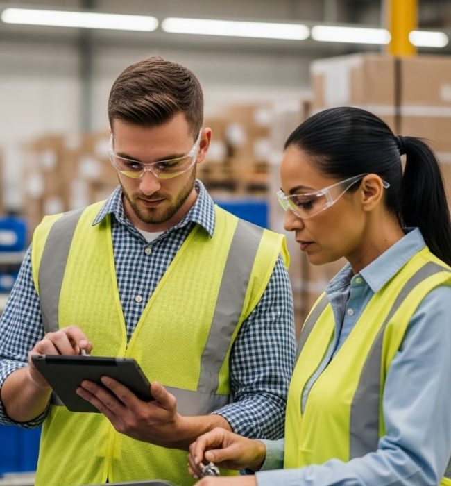 Two warehouse workers in safety vests reviewing job site inventory data on a digital tablet.