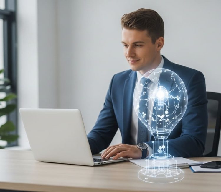 Business professional using laptop with AI assistant hologram representing intelligent automation and custom AI agents for business workflows