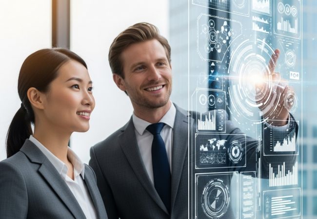 Business professionals interacting with AI analytics interface representing data-driven decision-making and operational value creation