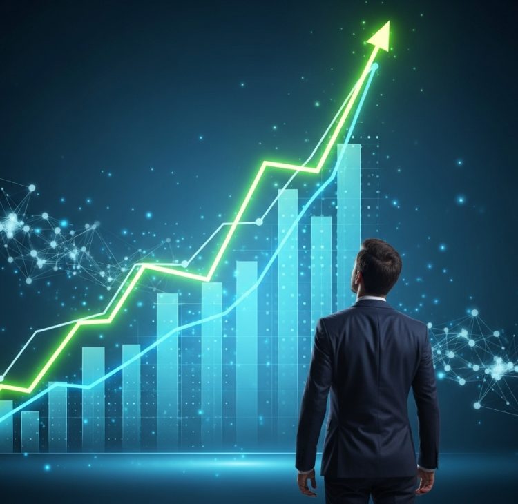 Business leader viewing upward growth chart with AI data visualization representing scalable artificial intelligence strategy and performance improvement