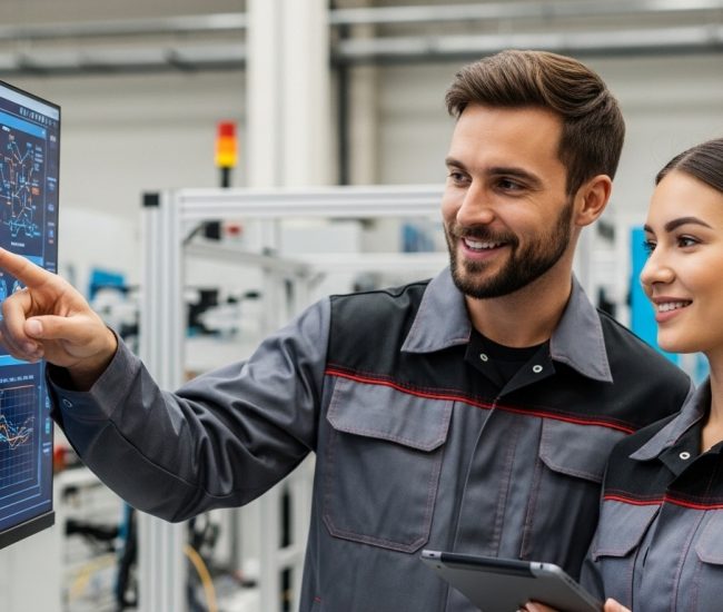 Two manufacturing professionals reviewing real-time production data on a digital dashboard inside a smart factory.