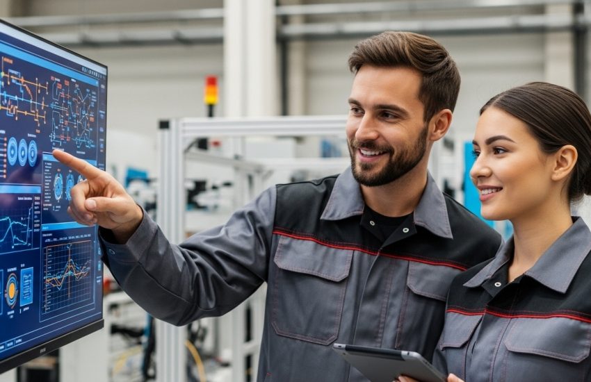 Two manufacturing professionals reviewing real-time production data on a digital dashboard inside a smart factory.
