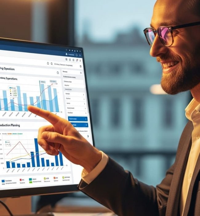 Oil and gas professional analyzing AI-driven field operations dashboards on a computer screen.