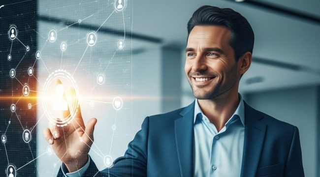 Business professional interacting with digital network interface representing scalable automation and intelligent business transformation