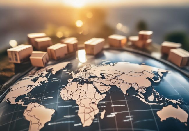 Cardboard shipping boxes connected across a global map, representing smart sourcing and vendor integration in logistics.