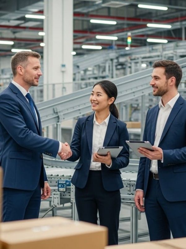 Logistics professionals shaking hands and collaborating inside a modern distribution center with conveyor systems in the background.